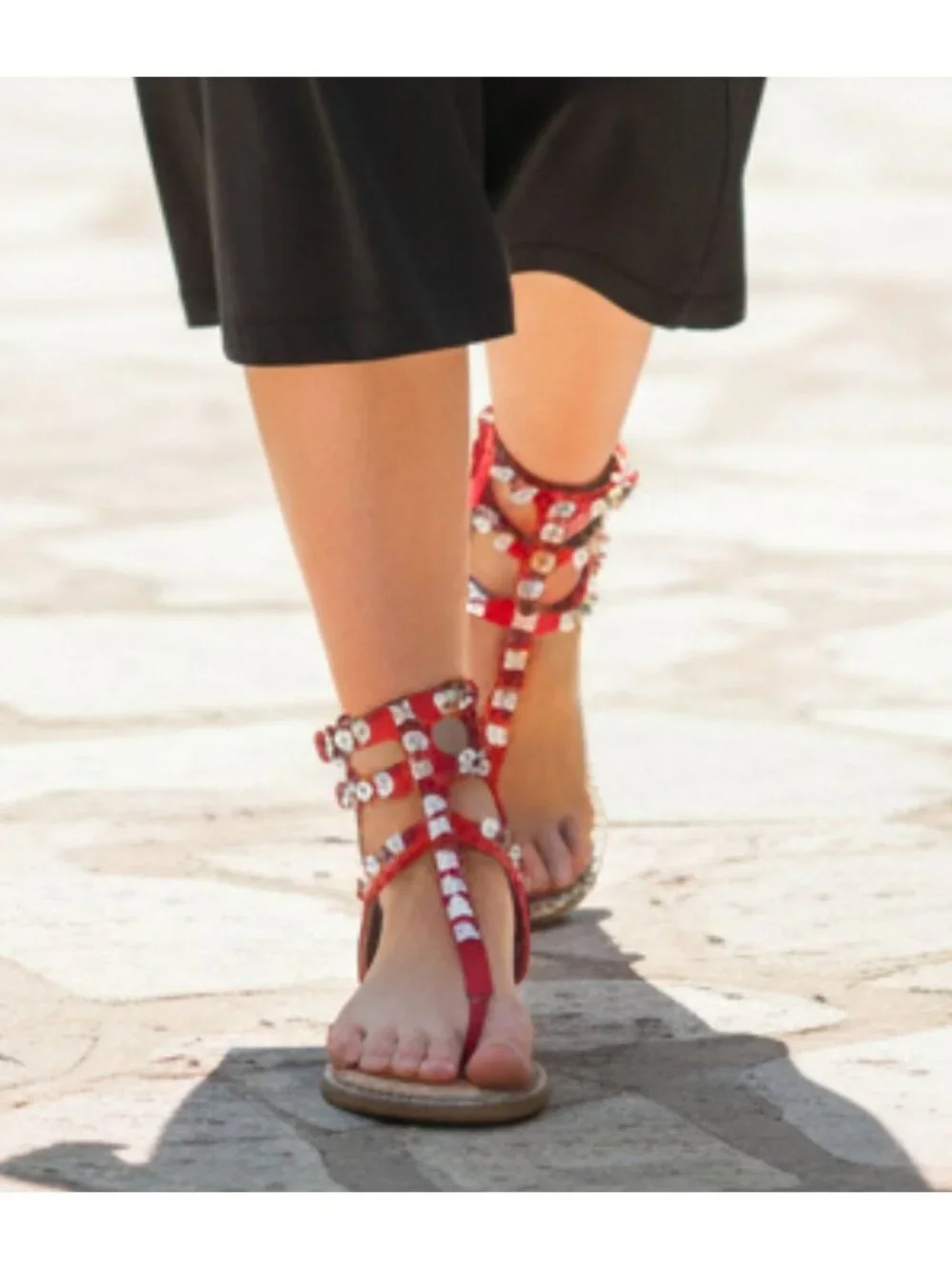 Red Gladiator Sandals With Studded Straps & Side Zipper For Women Flat Sole Comf